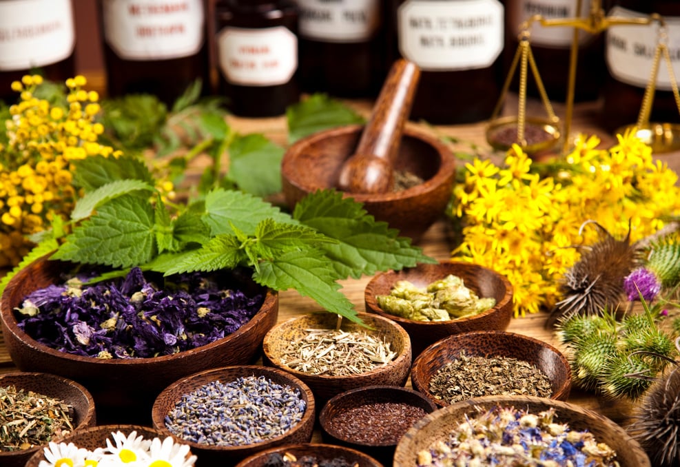 Natural medicine, herbs, mortar